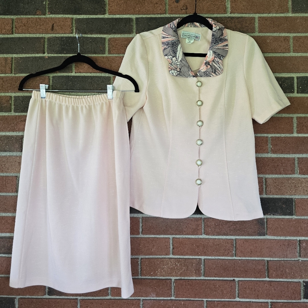Pablo Collection Peach Two Piece Skirt Blazer‎ Set Floral Collar Vintage Cottage